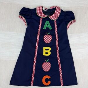 Marco & Lizzy Girls Dress Sz 4 Navy Blue ABC Apple Applique Red Gingham Ruffle
